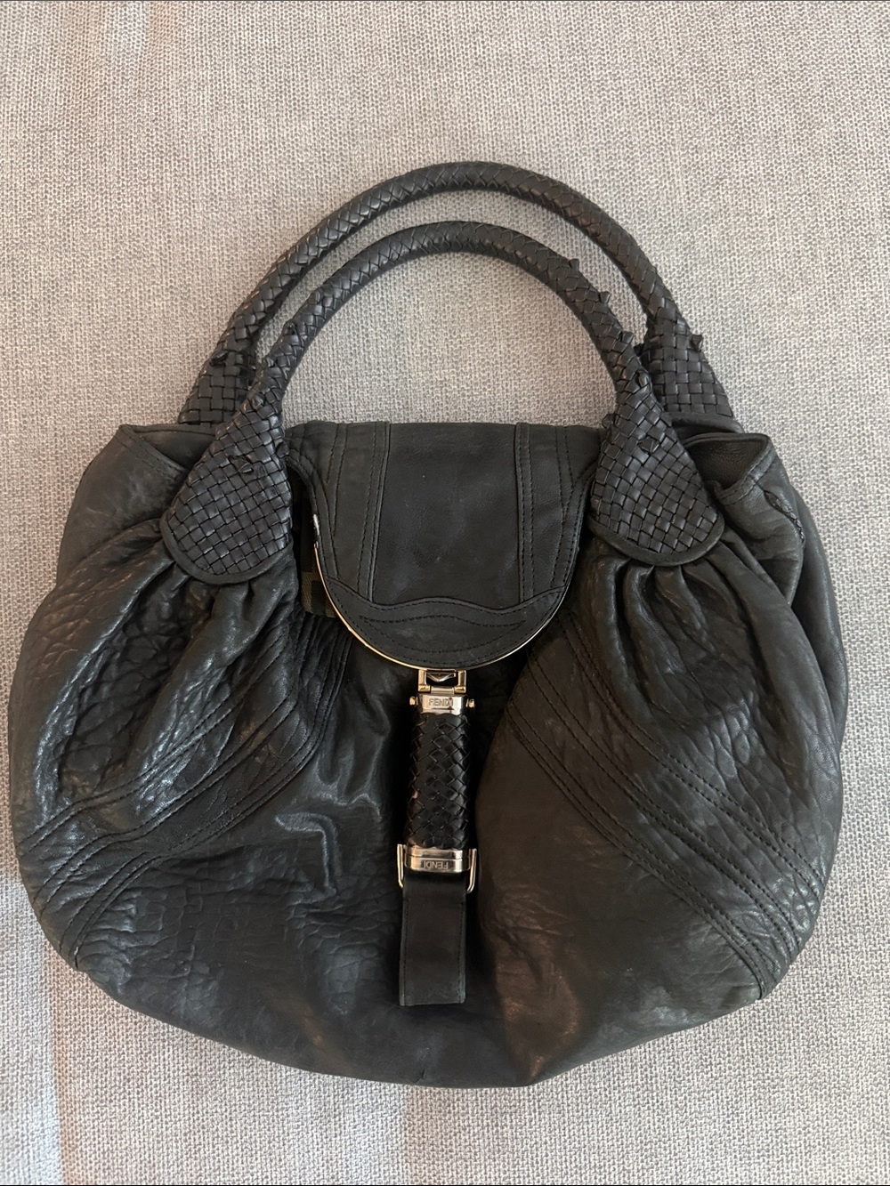 Fendi Black Leather Woven-Handle Satchel - Women Bags vintage